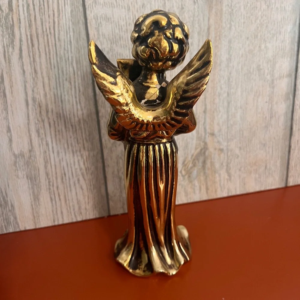 Vintage Gold Tone Angel Figurine Playing Pan Flute Winged Celestial Decor 8.25in